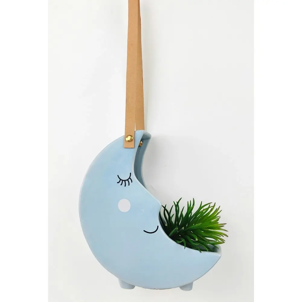 2x Urban Moon 22cm Ceramic Hanging Planter Flower/Plant Pot Home Desk Decor Blue