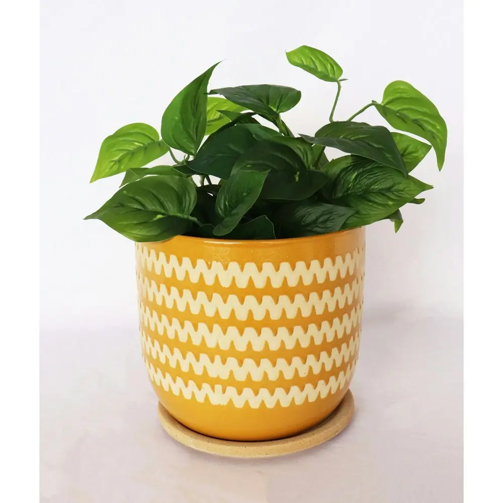 Urban Onyx 18cm Ceramic Planter w/ Saucer Flower/Plant Pot Large Mustard/Sand