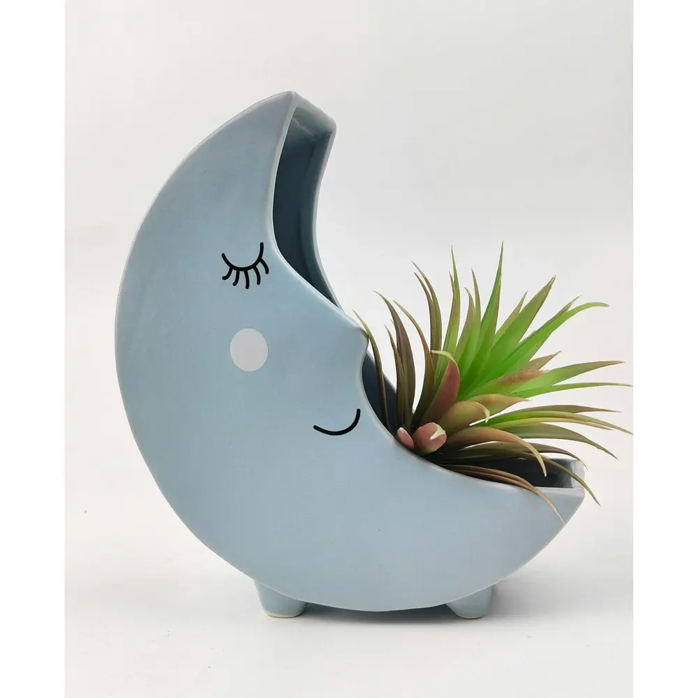 2x Urban Moon 22cm Ceramic Sitting Planter Flower/Plant Pot Home Desk Decor Blue