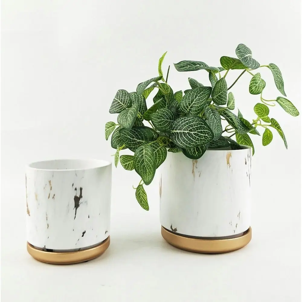 2x Urban McKenna 14cm Ceramic Planter Flower/Plant Pot Sml w/ Saucer Marble/Gold