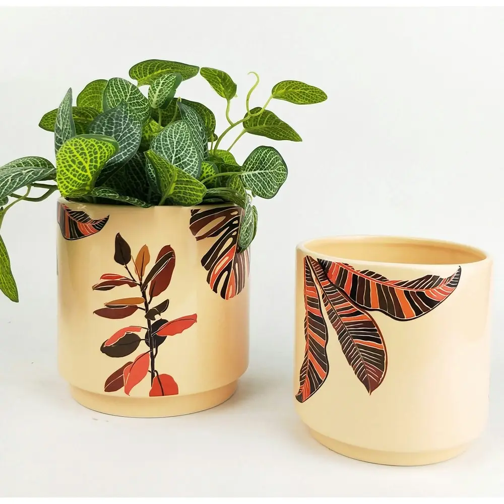 2x Urban Ivy Foliage 16cm Ceramic Planter Flower/Plant Pot Decor Med Pink/Green