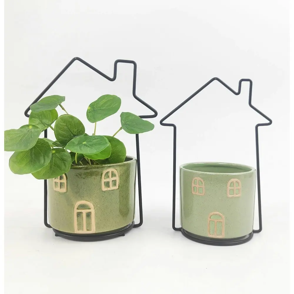 2x Urban House 21cm Ceramic Planter Flower/Plant Pot Home Desk Decor Light Green