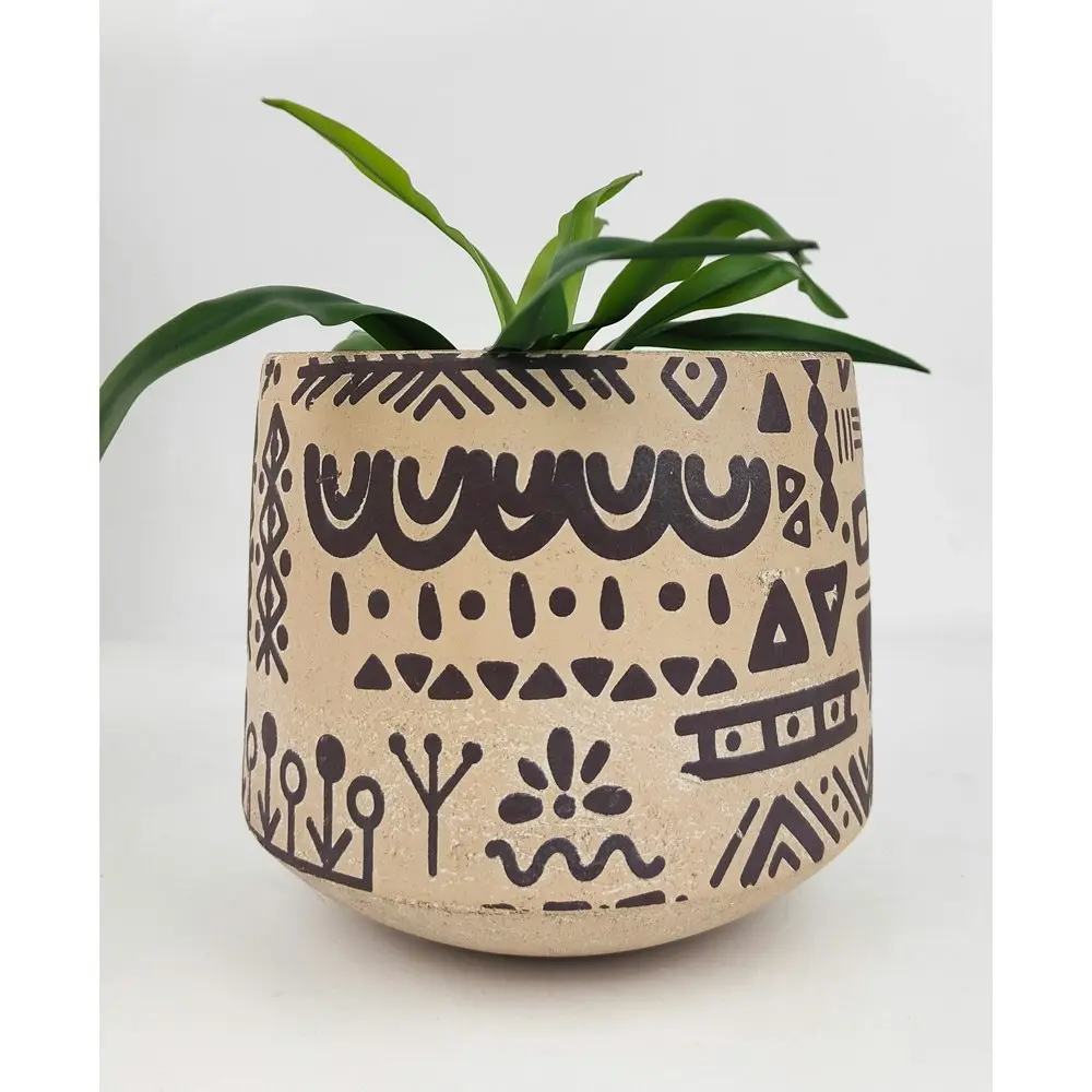 4x Urban Kaleem Tribal 15cm Concrete Planter Flower/Plant Pot Decor Med Sand/BLK