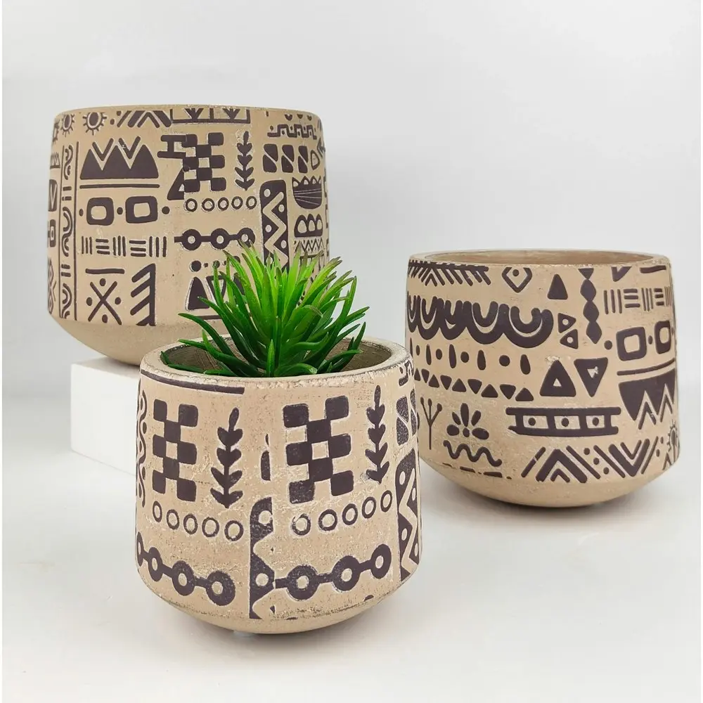 4x Urban Kaleem Tribal 15cm Concrete Planter Flower/Plant Pot Decor Med Sand/BLK