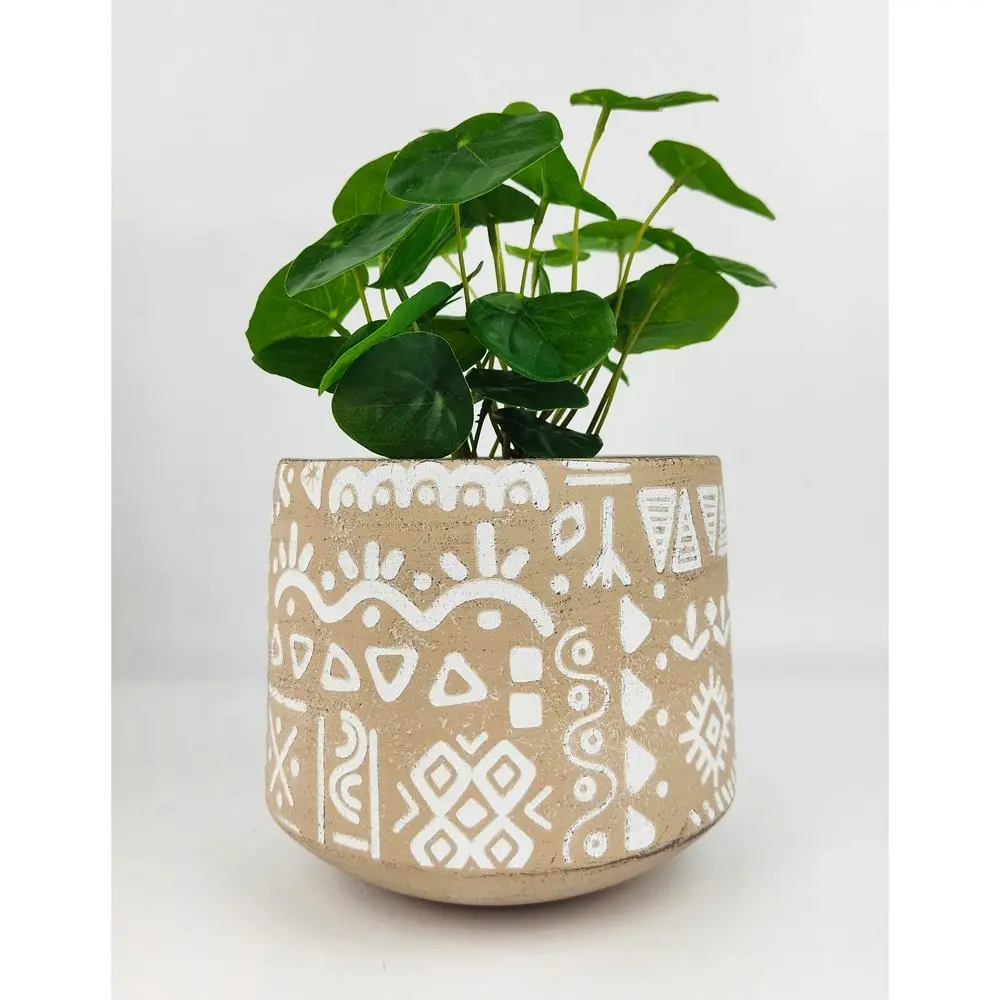 4x Urban Kaleem Tribal 15cm Concrete Planter Flower/Plant Pot Decor Med Sand/WHT