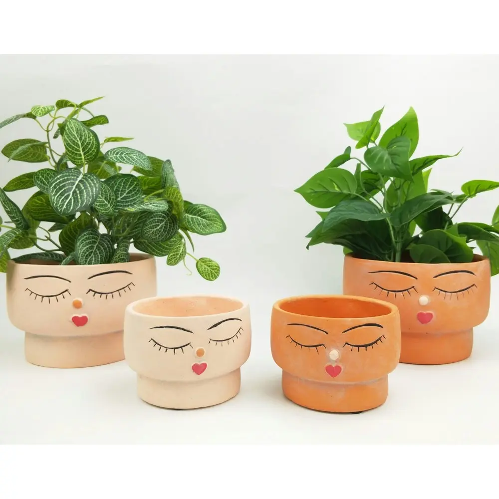 4x Urban Face Squat 12.5cm Concrete Planter Flower/Plant Pot Large Decor Terra