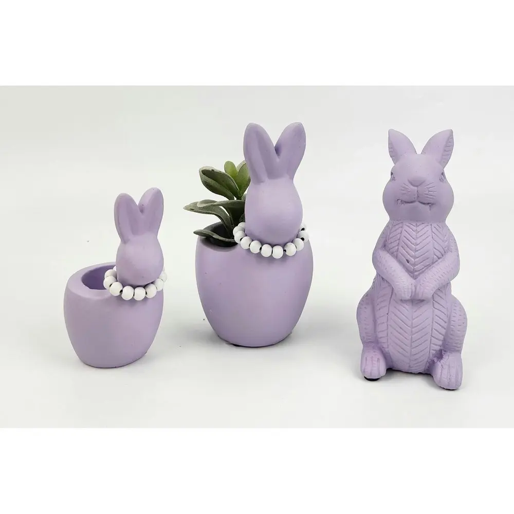 4x Urban Cute Bunny w/ Pearls 16cm Concrete Planter Flower/Plant Pot Med Lilac