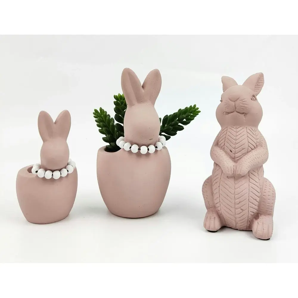 4x Urban Cute Bunny w/ Pearls 16cm Concrete Planter Flower/Plant Pot Medium Pink