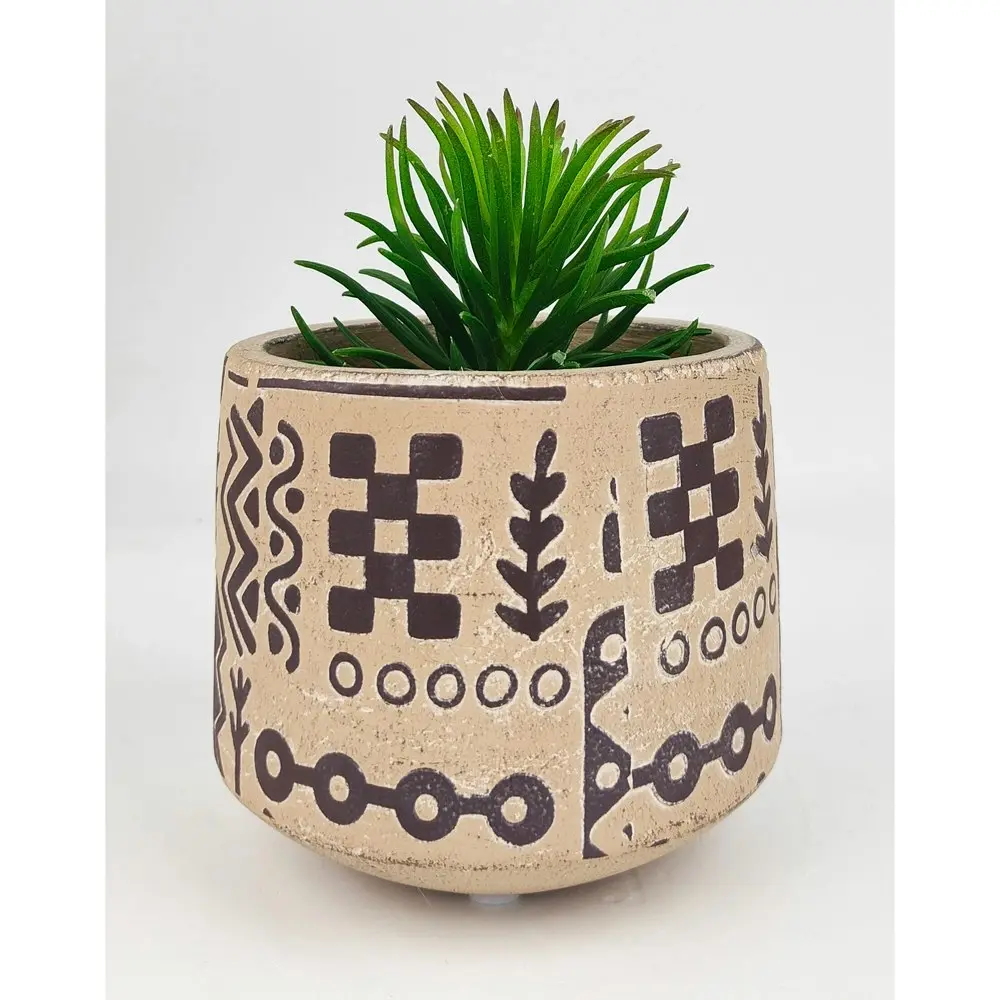 4x Urban Kaleem Tribal 12cm Concrete Planter Flower/Plant Pot Decor Sml Sand/BLK