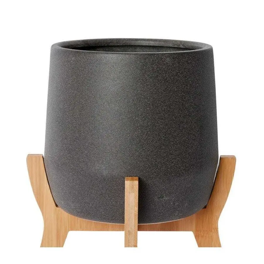 E Style Lawson 33cm Ceramic/Wood Plant Pot w/ Stand Round Home Decor Black