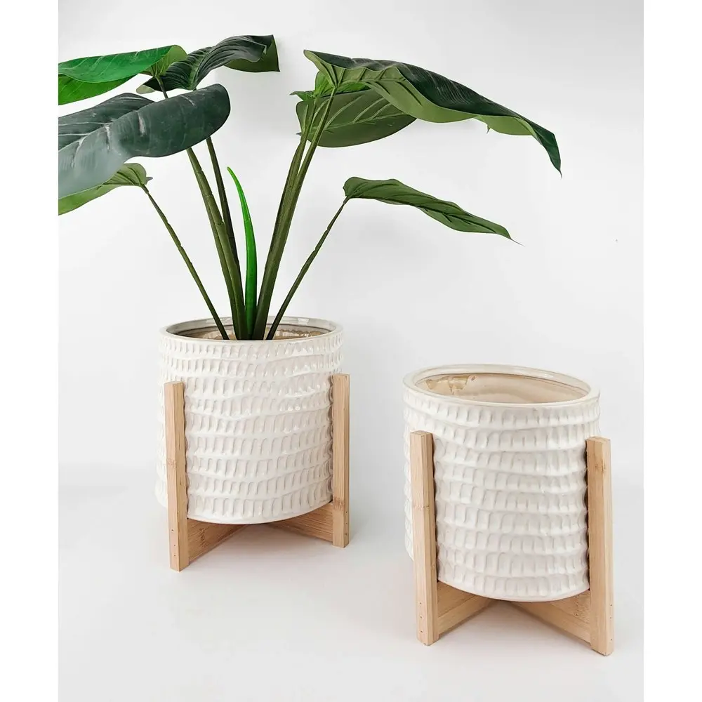 Urban 16.7cm Everly Ceramic Planter on Legs Garden Plant Pot MED White/Natural