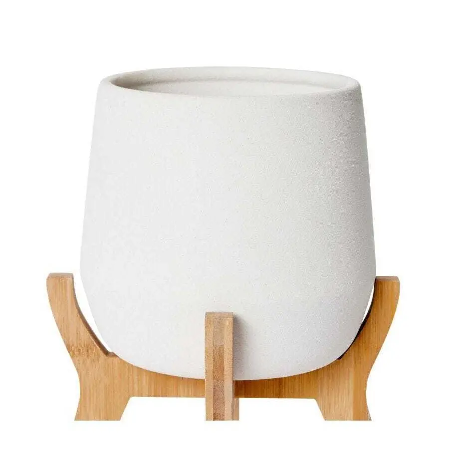 E Style Lawson 26cm Ceramic/Wood Plant Pot w/ Stand Round Home Decor White