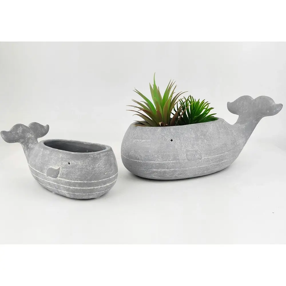 2x Urban Moby Whale 9cm Concrete Planter Outdoor Garden Plant Pot Medium Blue