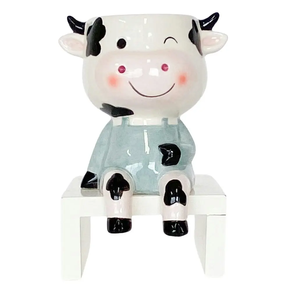 2x Urban Products Sitting Cow Themed Planter Home Garden Decor White Sage 14cm