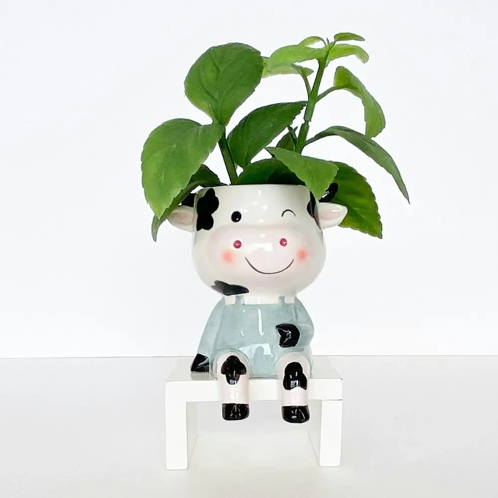 2x Urban Products Sitting Cow Themed Planter Home Garden Decor White Sage 14cm