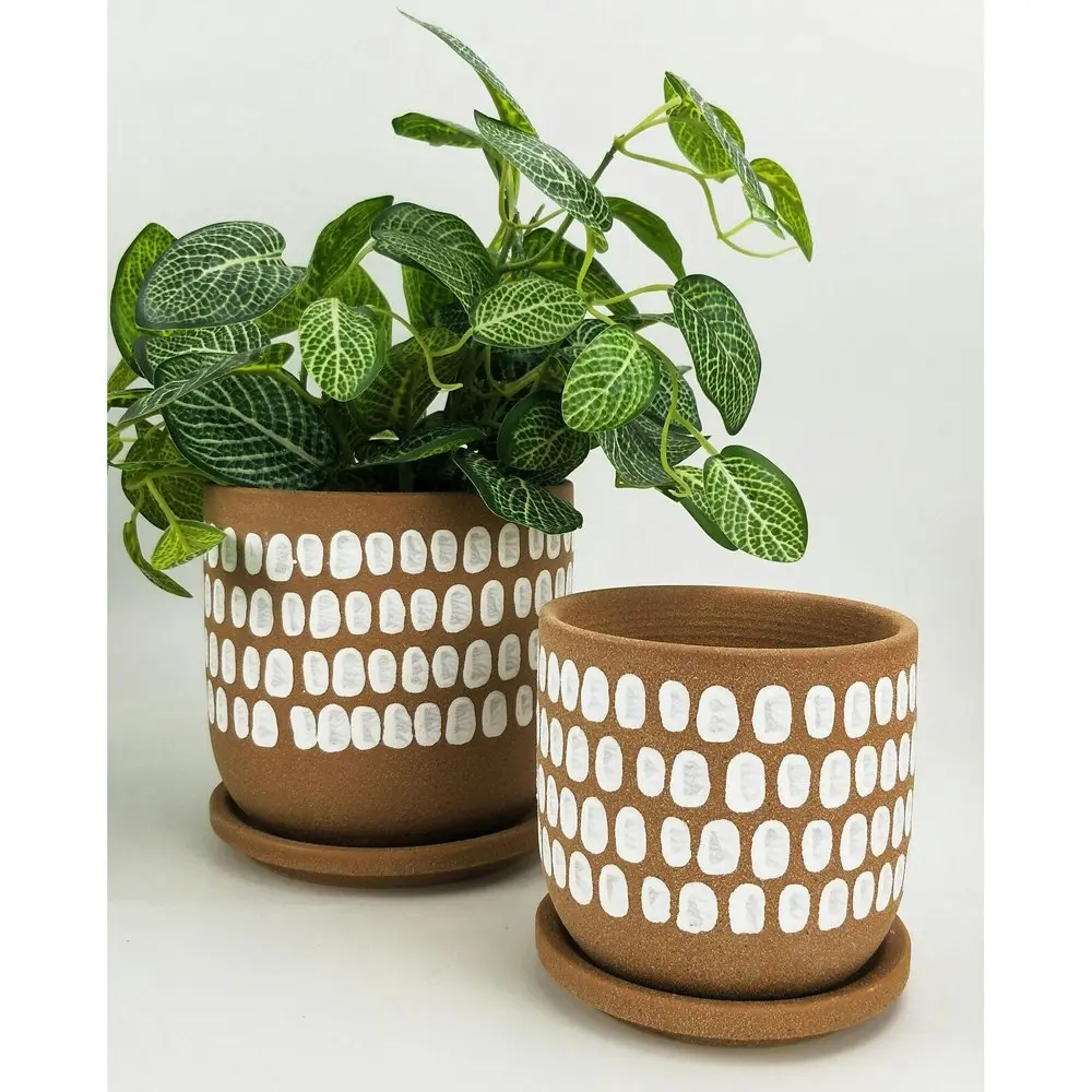 2x Urban Tessa 11.5cm Ceramic Dot Planter w/ Saucer Flower/Plant Pot Small Mocha