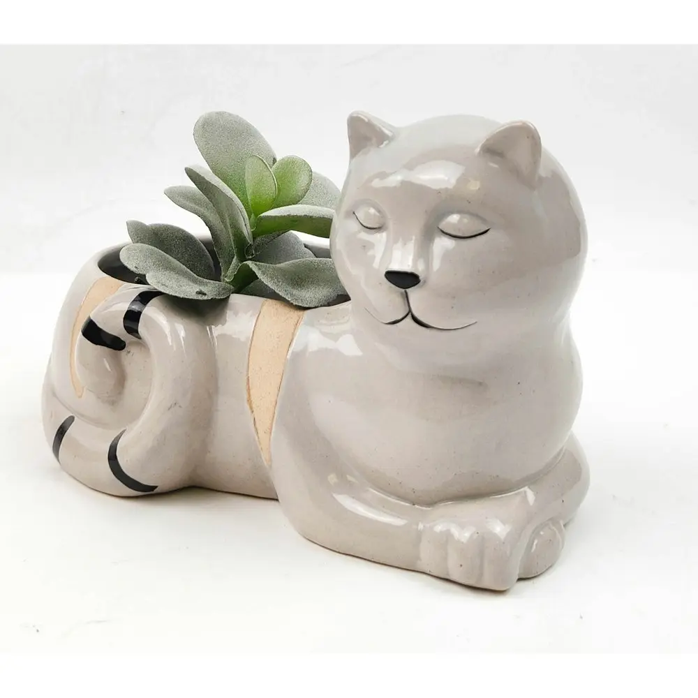 Urban Laying Cat 19cm Ceramic Planter Home Garden Ornament Display Pot Grey