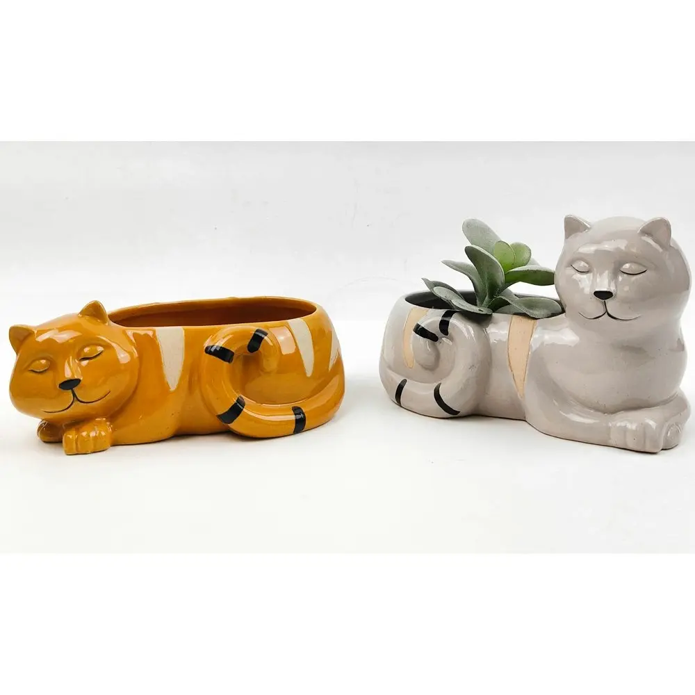 Urban Laying Cat 19cm Ceramic Planter Home Garden Ornament Display Pot Grey