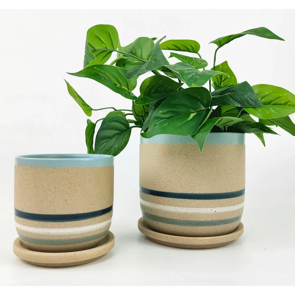 2x Urban Eloise 12cm Ceramic Planter w/ Saucer Garden Plant Pot Small Sky/Sand