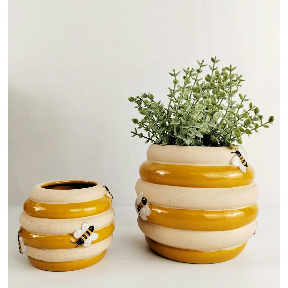 2x Urban 8cm Ceramic Beehive Planter Honeycomb Plant Pot Home/Garden Decor Sand