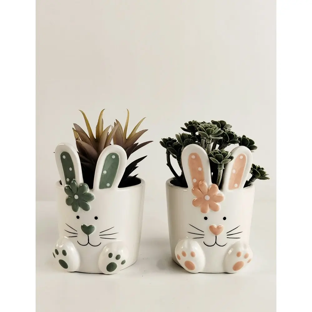 4x Urban 11cm Country Bunny Plant/Flower Pot Garden Decor Sage/Pink Assort