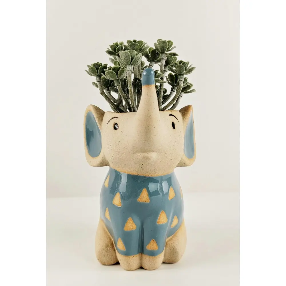 Urban 17cm Ceramic Elephant Planter Plant/Flower Pot Home/Garden Decor Blue/Sand