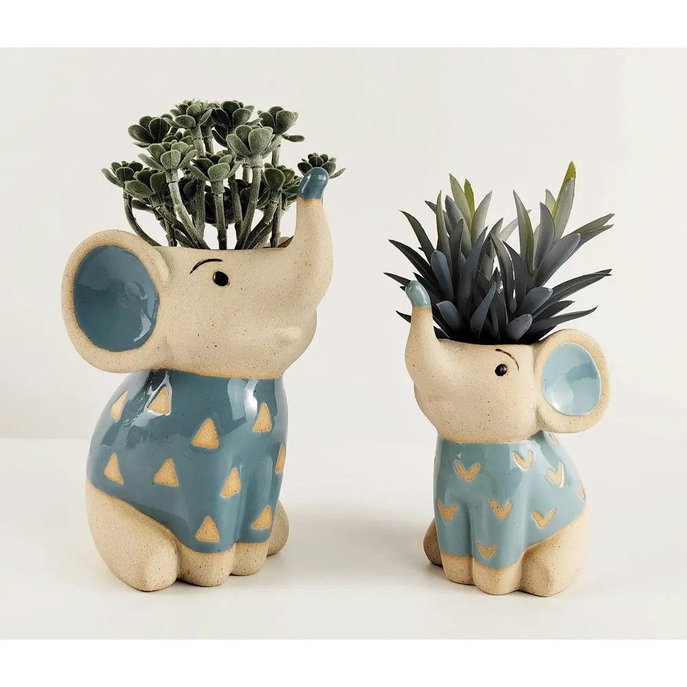 Urban 17cm Ceramic Elephant Planter Plant/Flower Pot Home/Garden Decor Blue/Sand