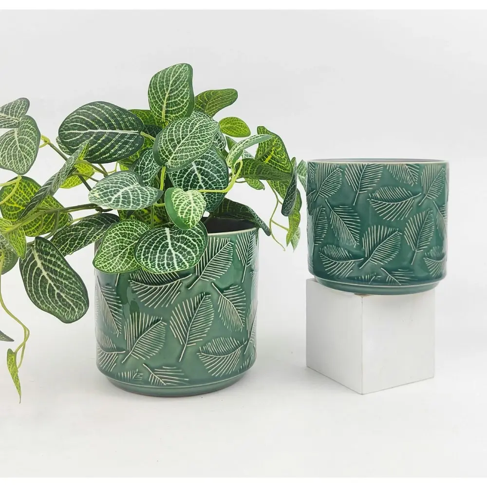 2x Urban Cairo Leaf Mini 10.5cm Ceramic Planter Outdoor Garden Plant Pot Emerald