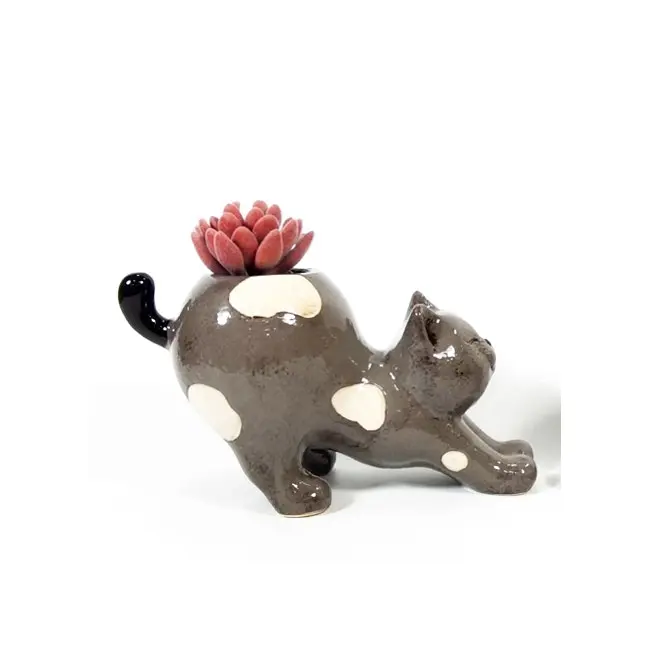 Urban Products 25cm Ceramic Stretching Cat Planter Home Garden Decor - Grey