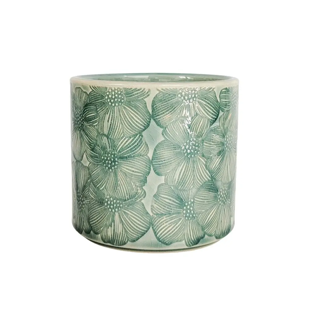 2x Urban Products Etched Flower Pattern Planter Home Garden Decor Turquoise 12cm