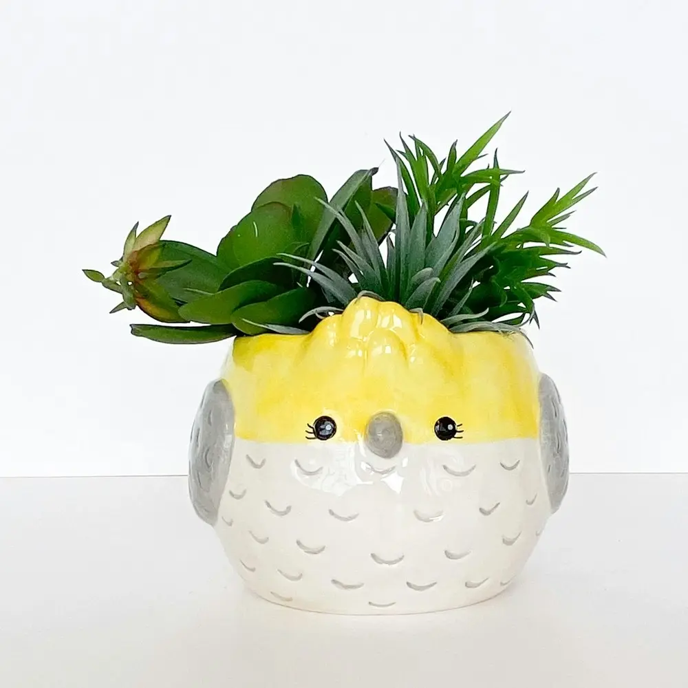 Urban Products Cockatoo Themed Bird Planter Home Garden Decor White Yellow 19cm