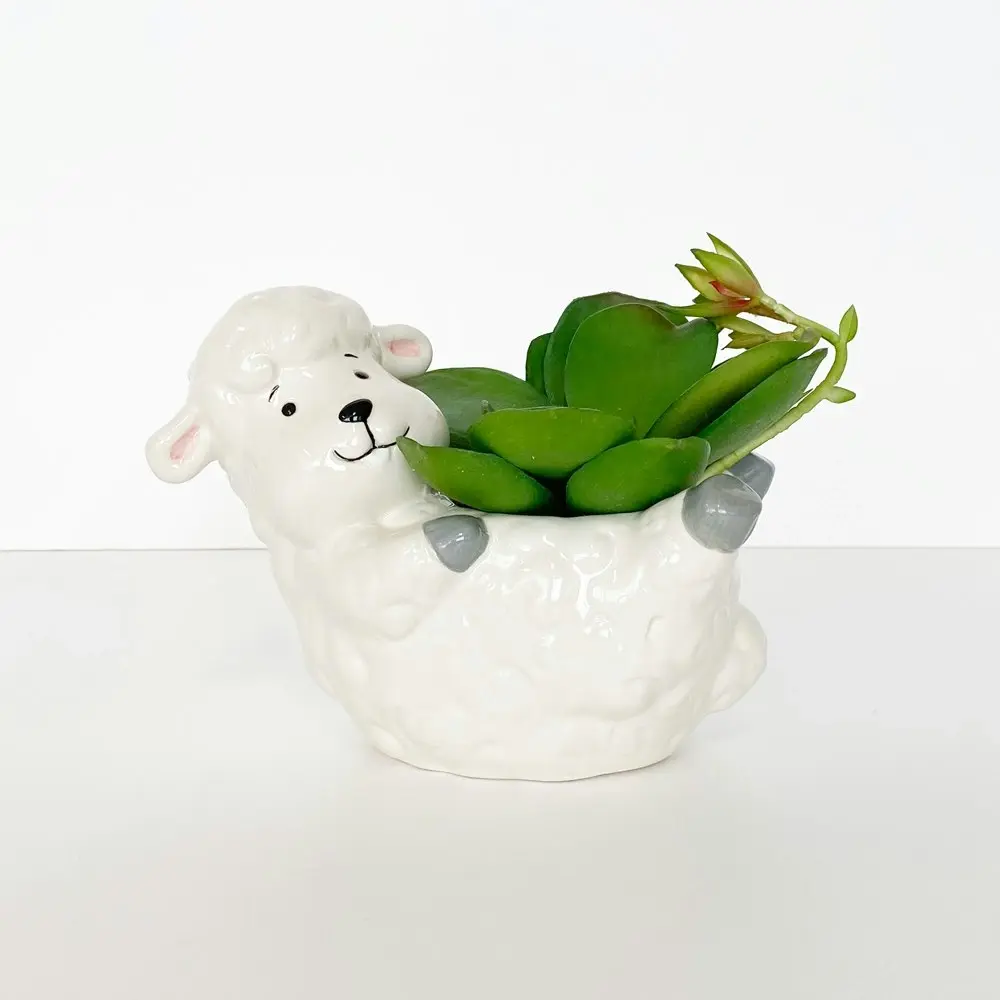 2x Urban Products Reclining Sheep Themed Planter Home Garden Decor White 17cm