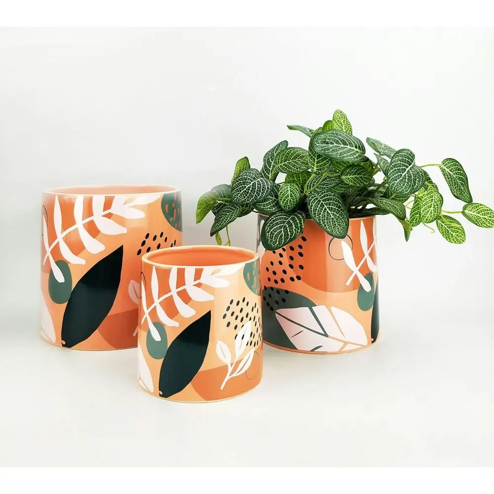 2x Urban Esme Foliage 16cm Ceramic Planter Flower/Plant Pot Decor Med Pink/Green