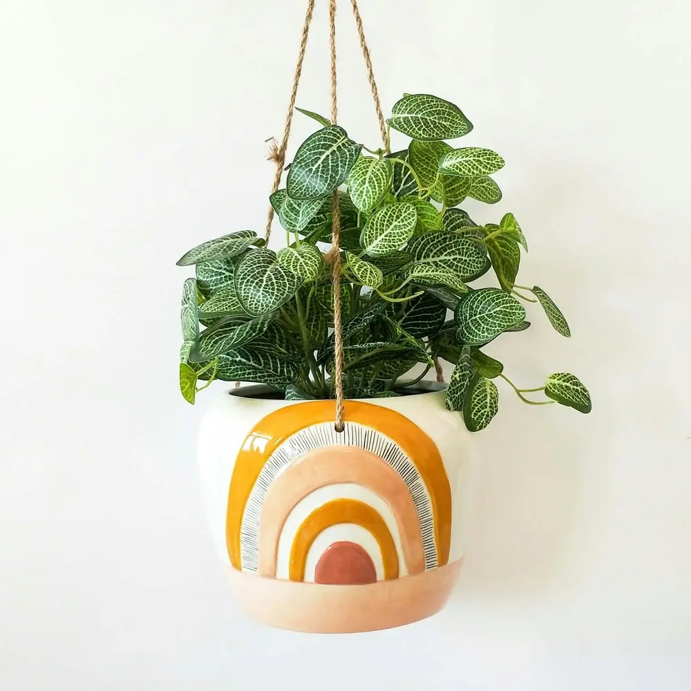 2x Urban Woodstock Rainbow 20cm Ceramic Hanging Planter Pot Large Mustard/Pink