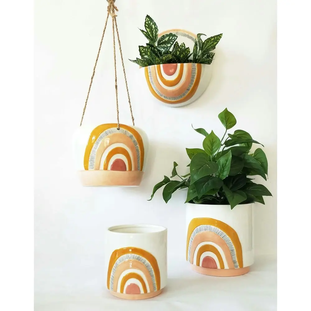 2x Urban Woodstock Rainbow 20cm Ceramic Hanging Planter Pot Large Mustard/Pink