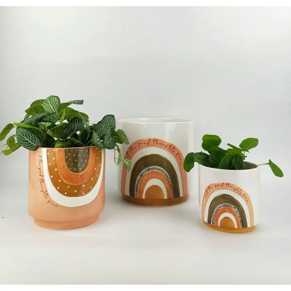 2x Woodstock Let The Good Thoughts Grow 17cm Ceramic Planter Pot Med Pink/Green