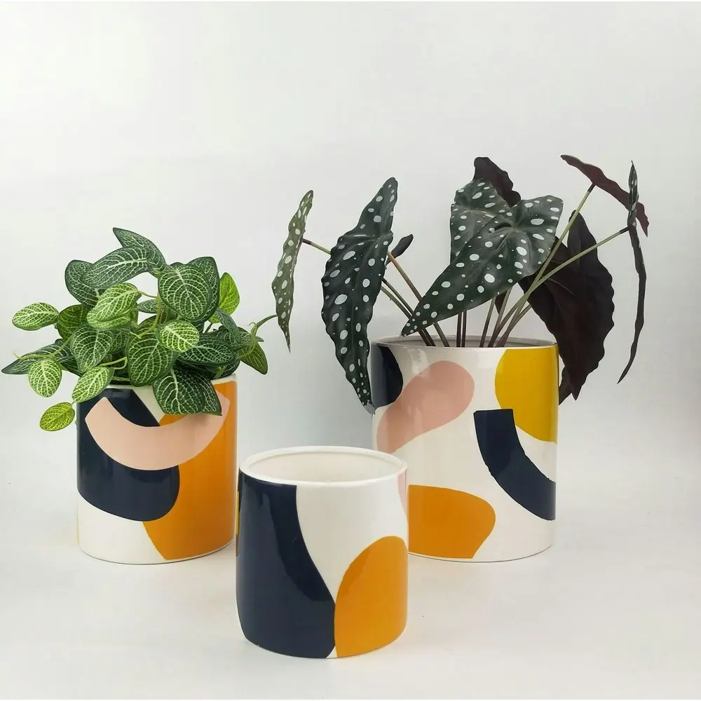 4x Urban Elena Abstract 12cm Ceramic Planter Flower/Plant Pot Small Blue/Yellow