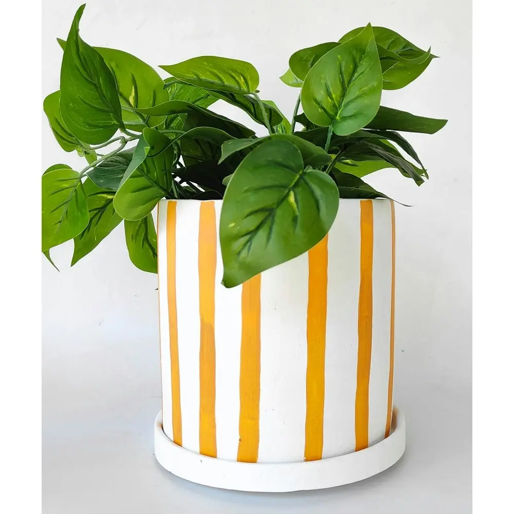 2x Urban Julia Stripe 17cm Concrete Planter w/ Saucer Plant Pot L Mustard/White