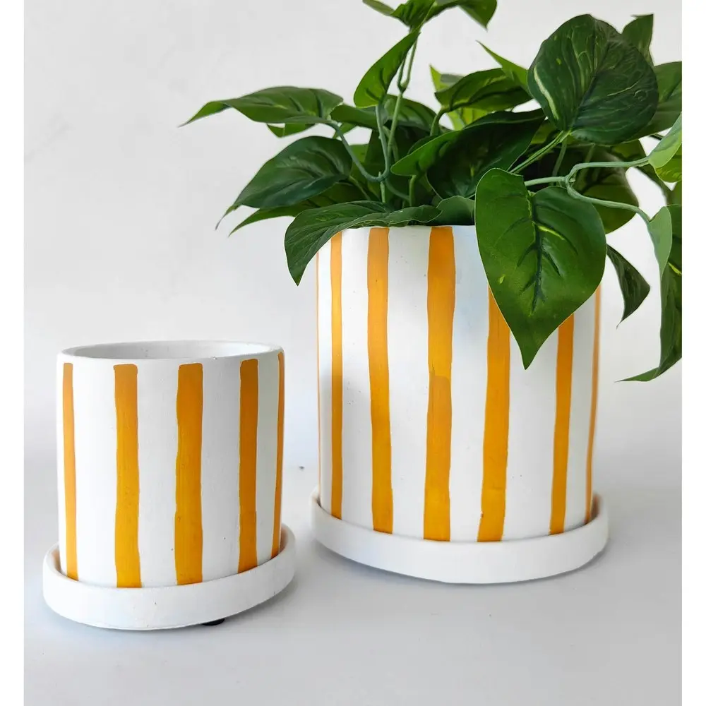 2x Urban Julia Stripe 17cm Concrete Planter w/ Saucer Plant Pot L Mustard/White