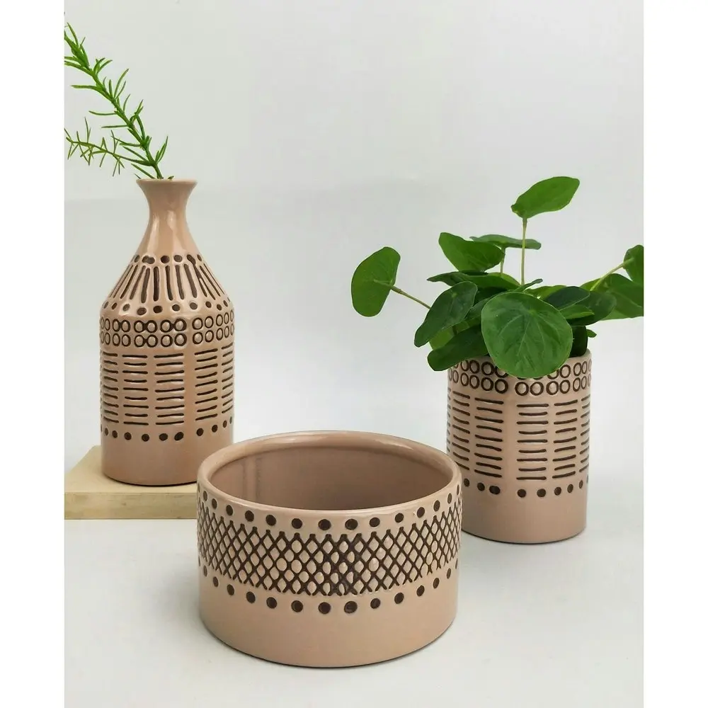 4x Urban Thea Tribal 10.5cm Ceramic Planter Flower/Plant Pot Medium Beige/Mocha