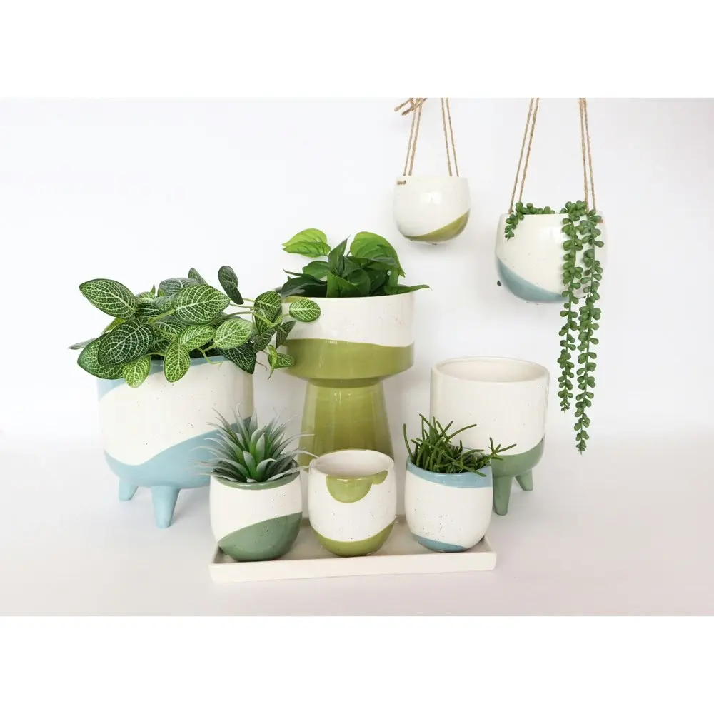 3pc Urban Avery 30cm Ceramic Flower Pot Planter w/Tray Set Home Decor Green/Blue