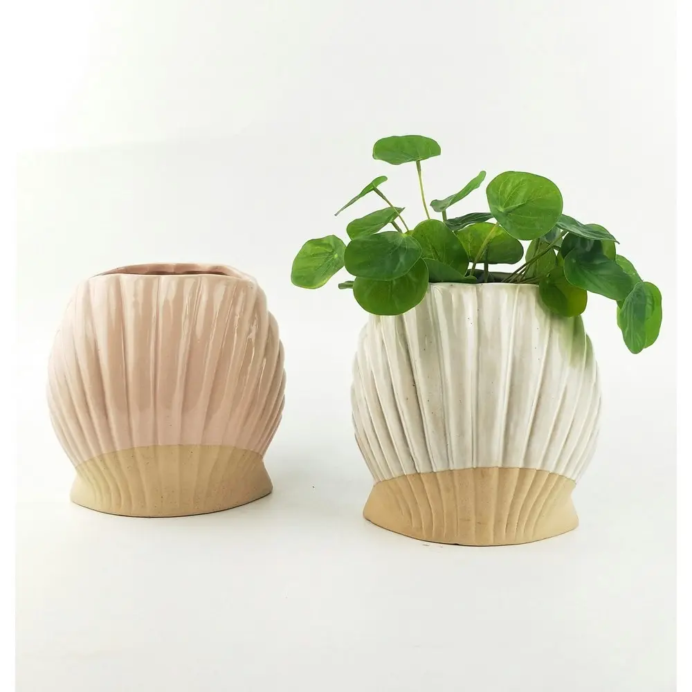 2x Urban Clam Shell 17cm Ceramic Planter Flower/Plant Pot Home Desk Decor White