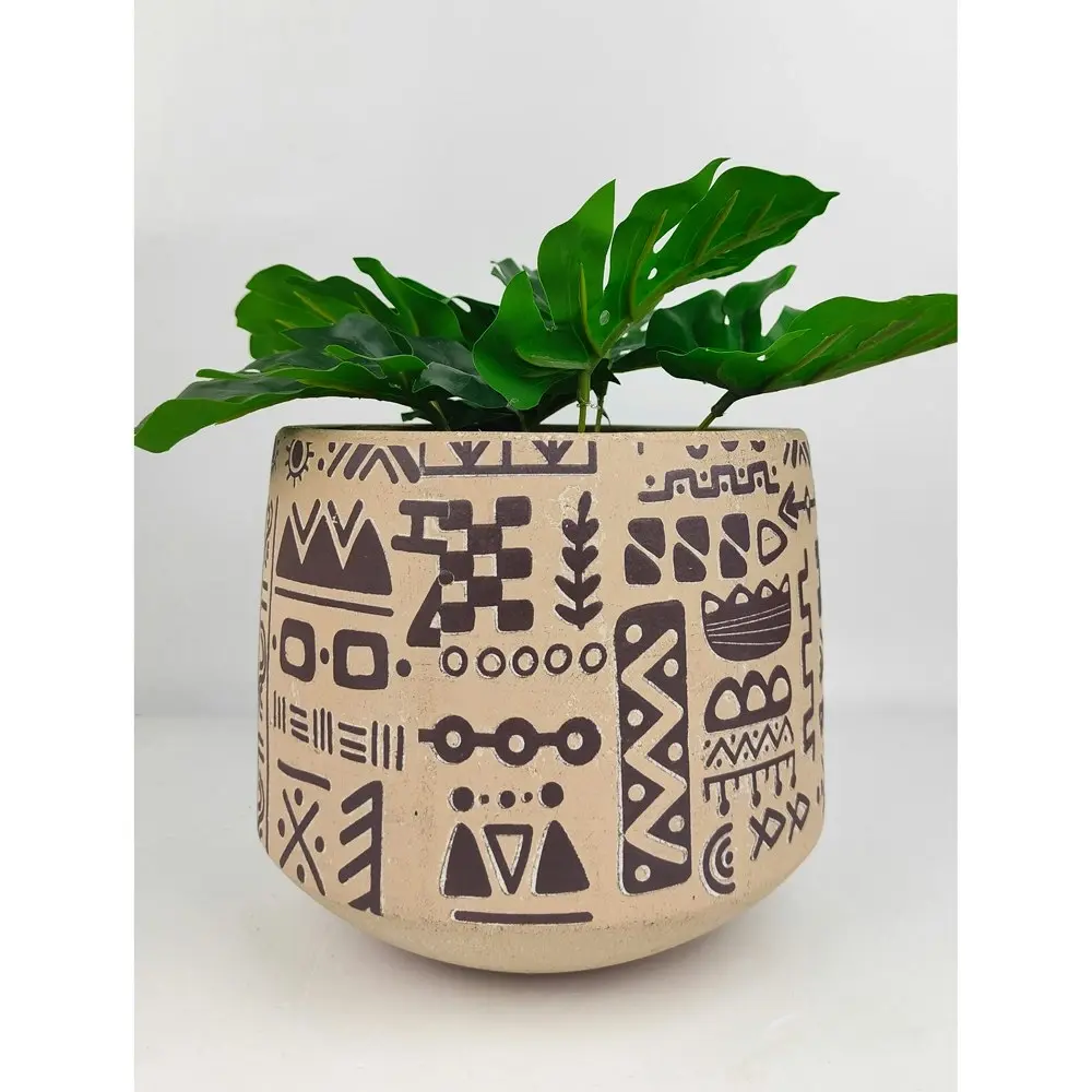 2x Urban Kaleem Tribal 19cm Concrete Planter Flower/Plant Pot Decor Lrg Sand/BLK