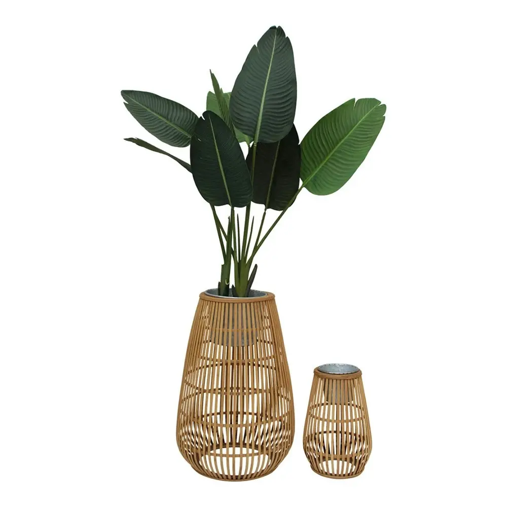 2pc Planter Coastal 37/65cm Bamboo/Metal Decor Plant Stand Holder Set Natural