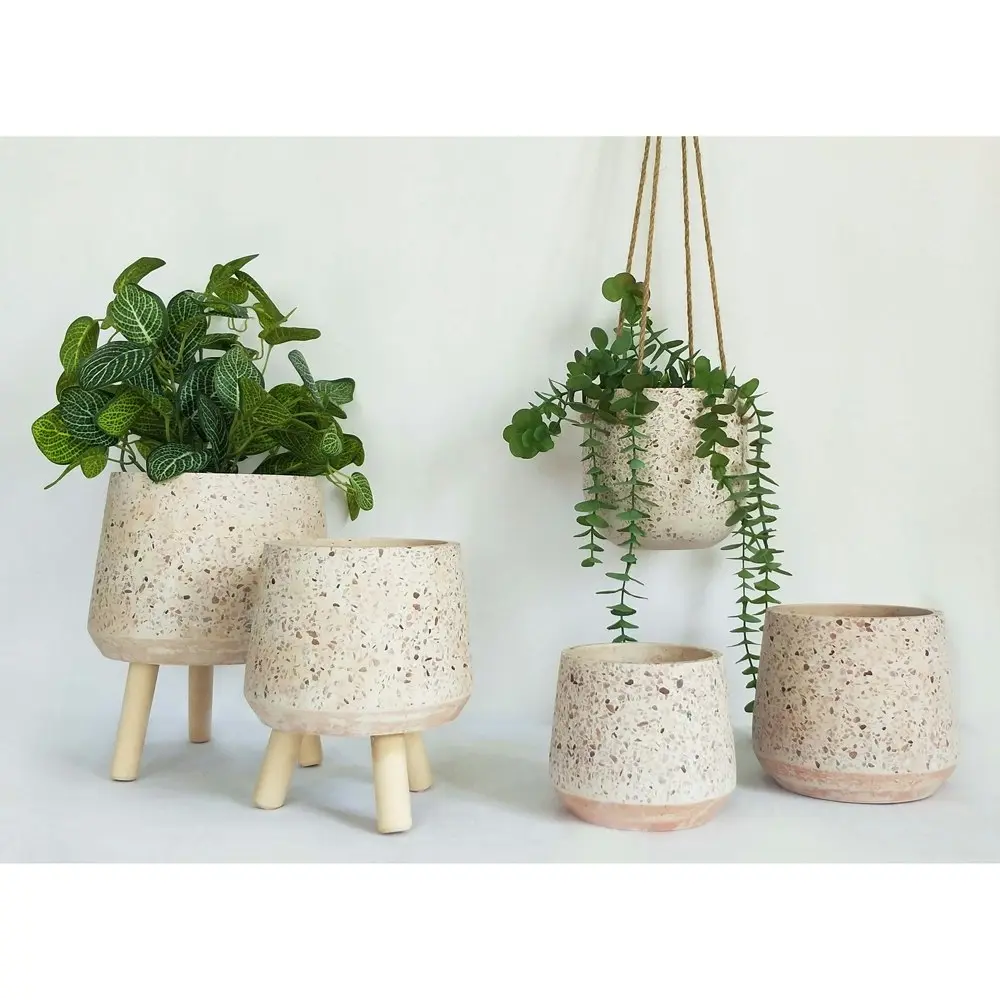 Urban Terrazzo 25cm Concrete/Stone Planter w/ Legs Garden Plant Pot Large Pink