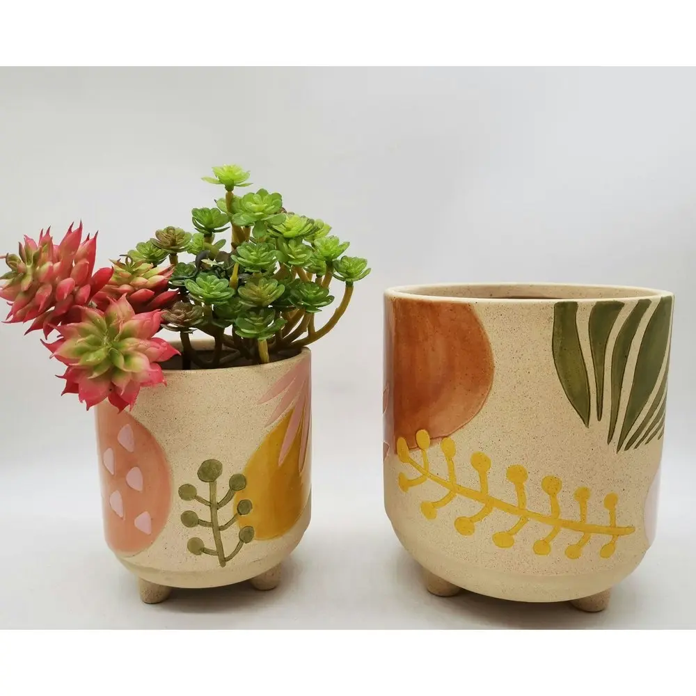 2x Urban Haven Leaves 12cm Ceramic Planter w/ Legs Plant Pot Small Pink/Green