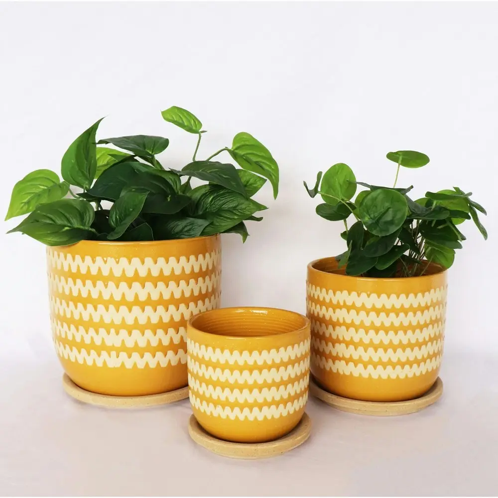 2x Urban Onyx 15cm Ceramic Planter w/ Saucer Flower/Plant Pot Med Mustard/Sand