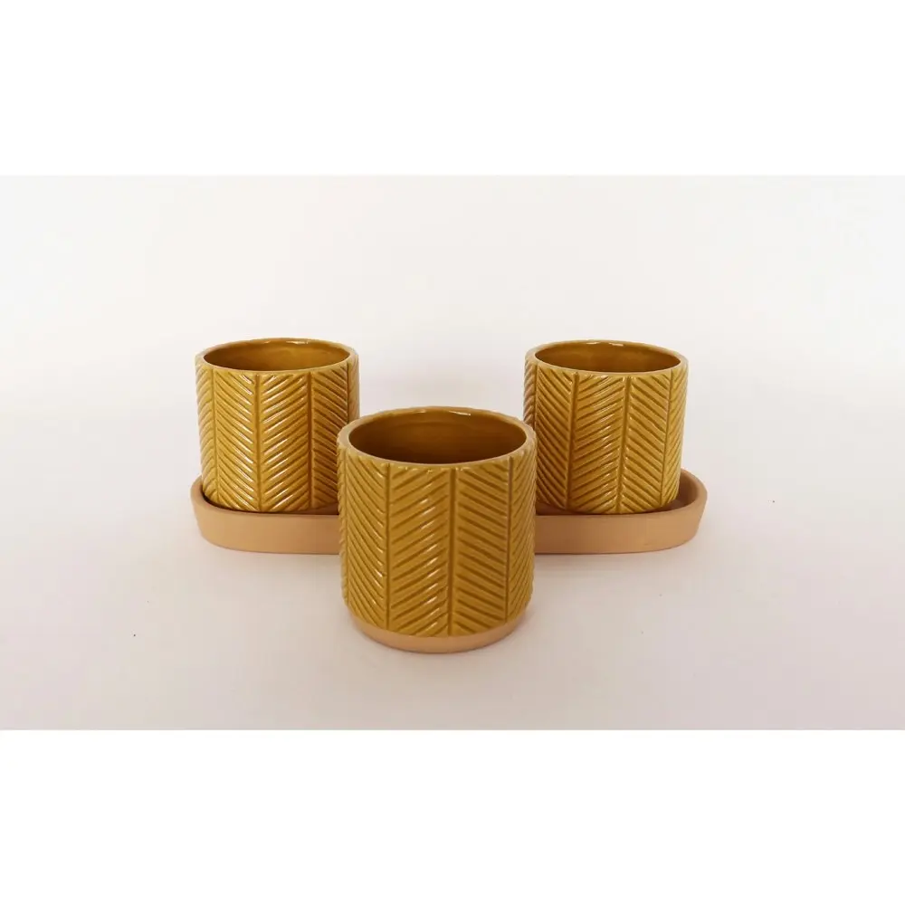 2x 3pc Urban Zari 8cm Ceramic Planter w/ Saucer Flower/Plant Pot Decor Mustard