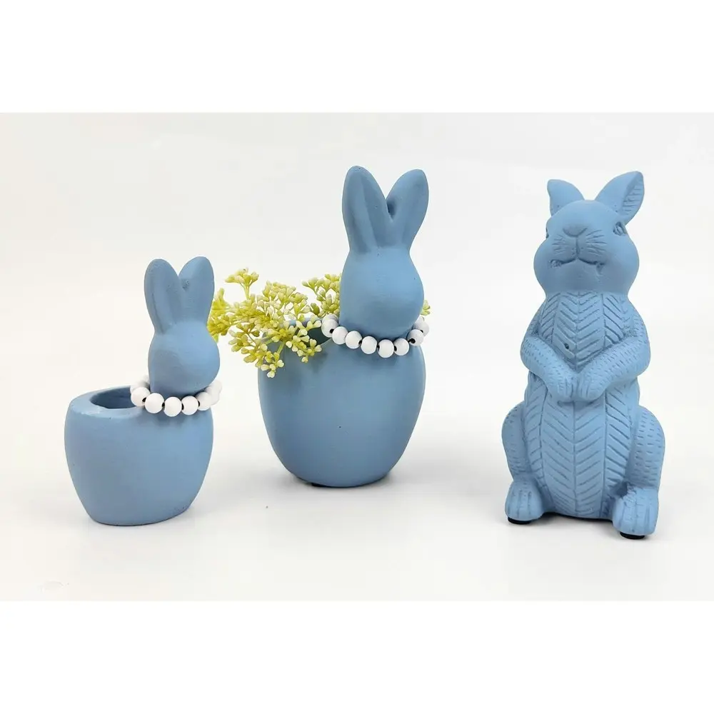 4x Urban Cute Bunny w/ Pearls 16cm Concrete Planter Flower/Plant Pot Medium Blue