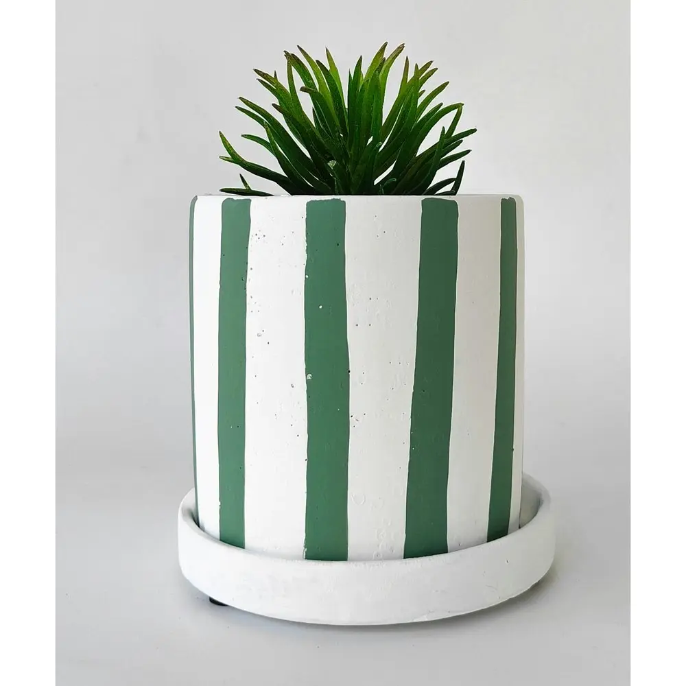 4x Urban Julia Stripe 11cm Concrete Planter w/ Saucer Plant Pot Small Sage/White